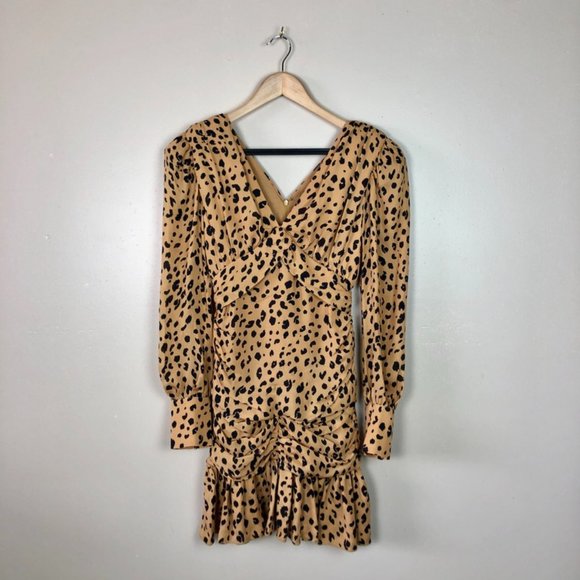 Puff sleeve leopard printed silk ruffle mini dress - size 0 - Modern 80s style - Picture 3 of 16